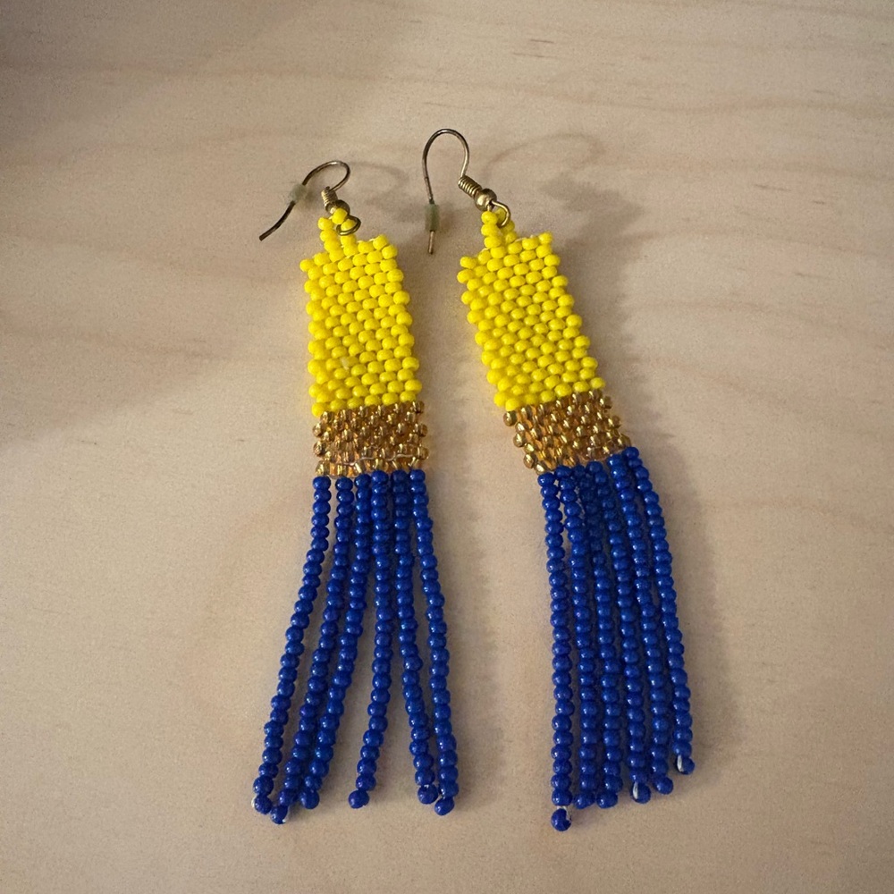 Yellow and Blue Beaded Fringe Earrings